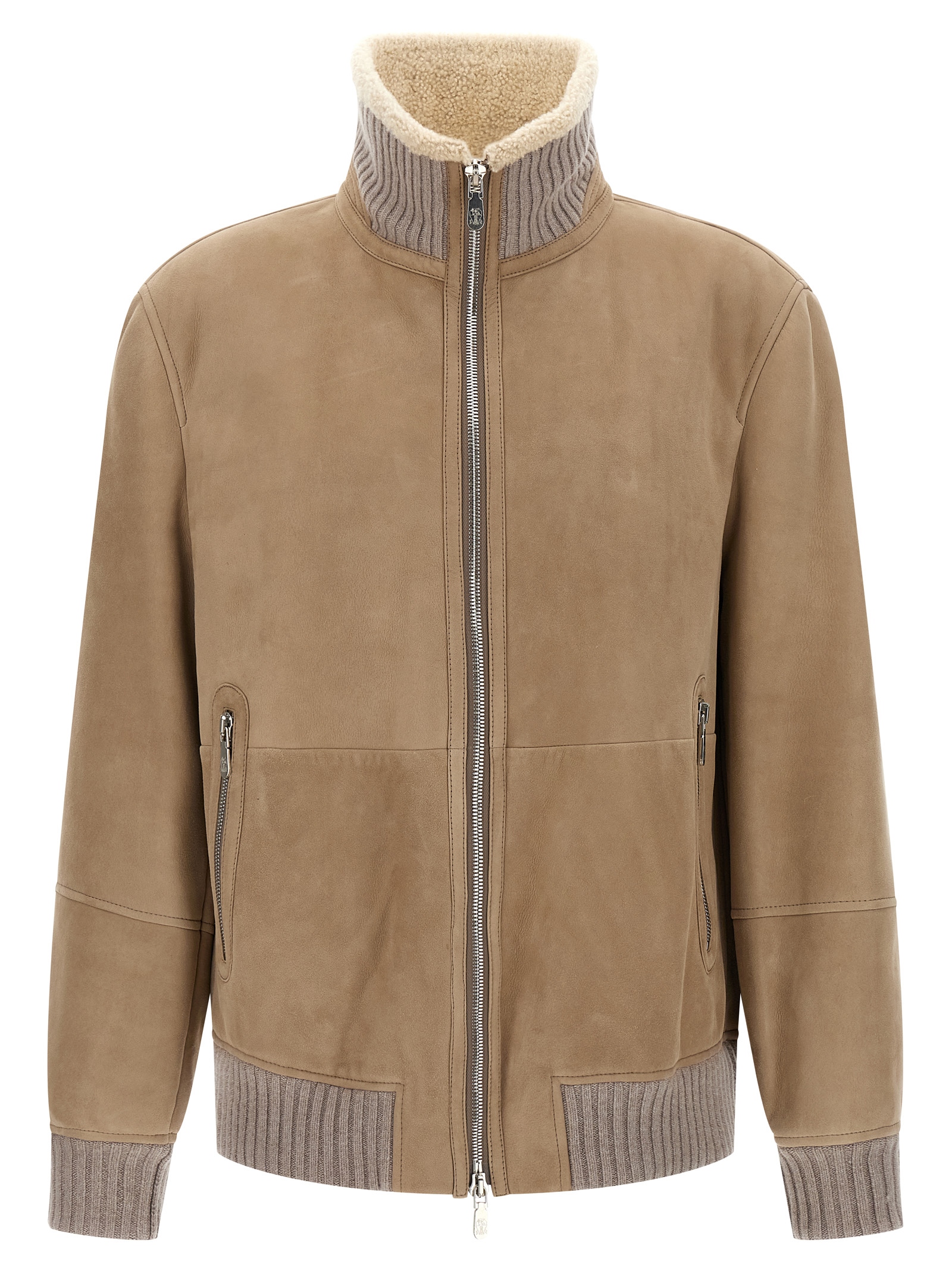 Suede and sherling curly bomber jacket