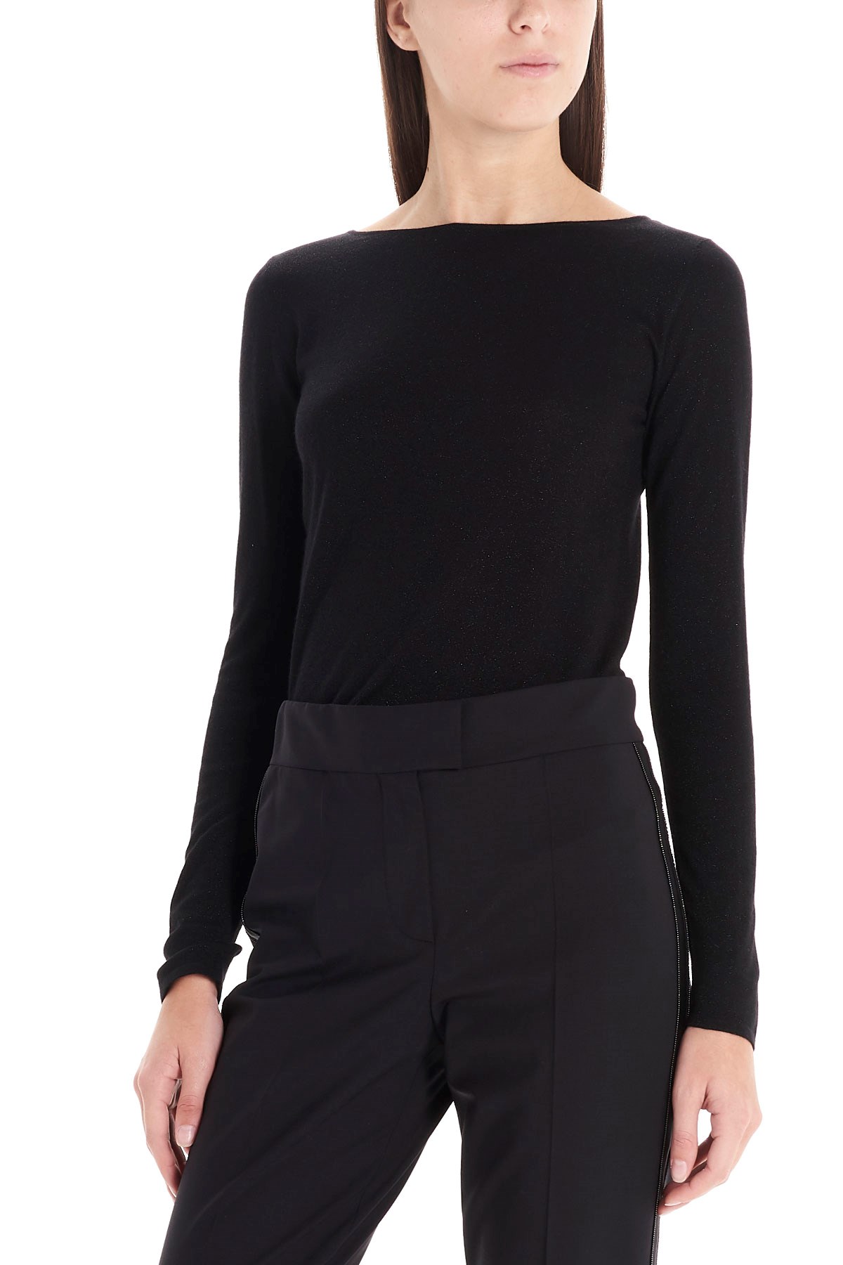 Brunello Cucinelli Fitted Lurex Cashmere Sweater With Classic Round Neckline In Black