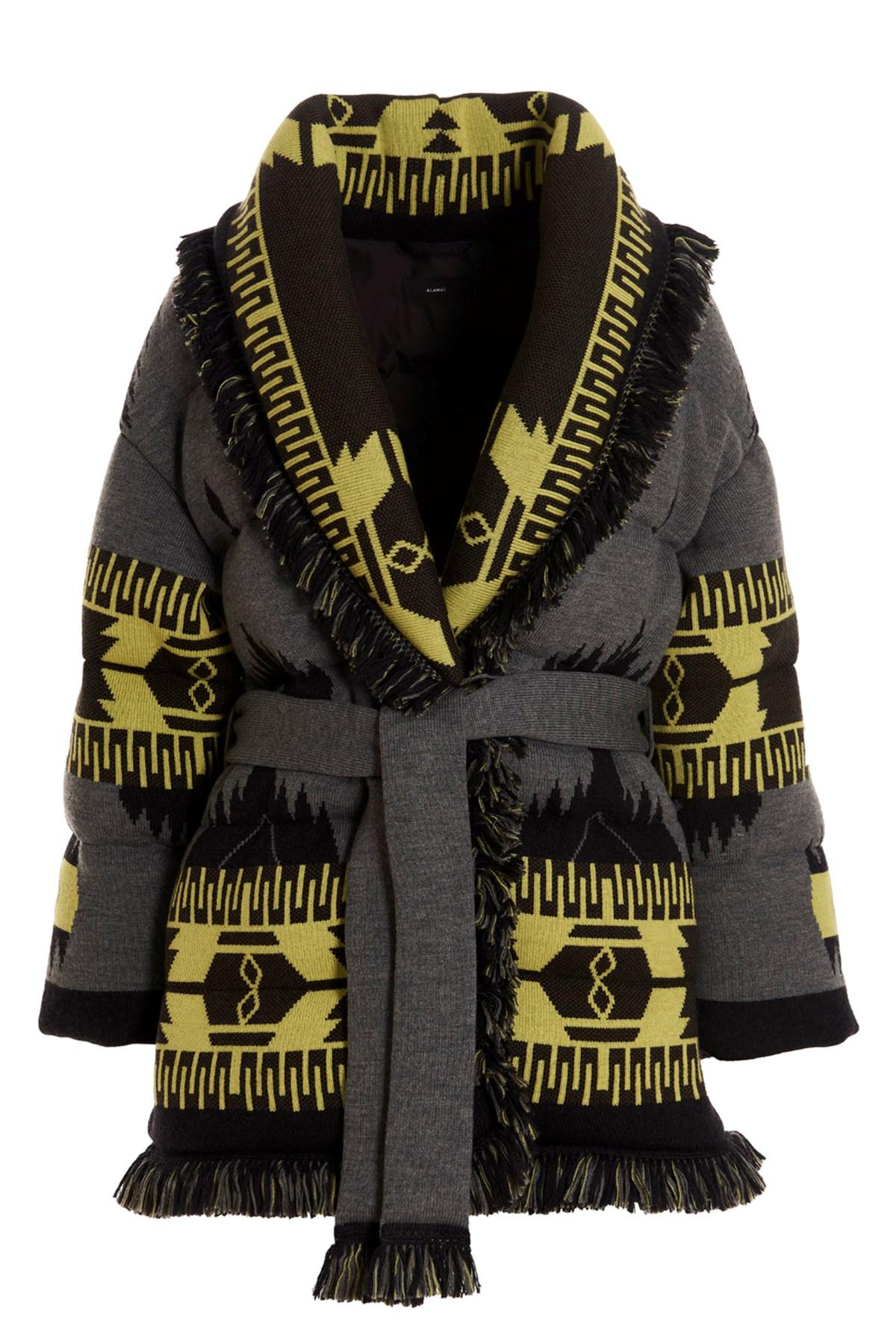 Alanui Icon Belted Fringed Quilted Wool-jacquard Down Jacket
