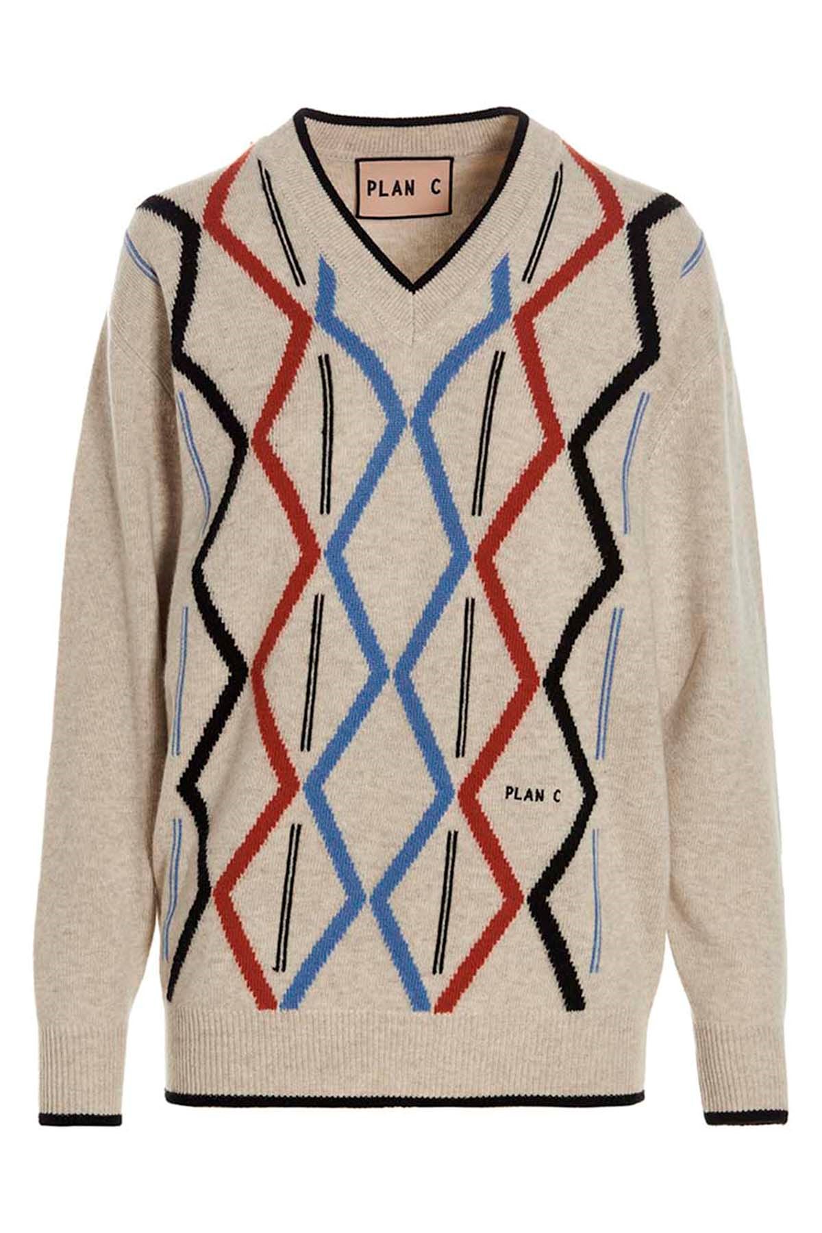 Plan C Geometric Pattern V-neck Knit Sweater In Multi