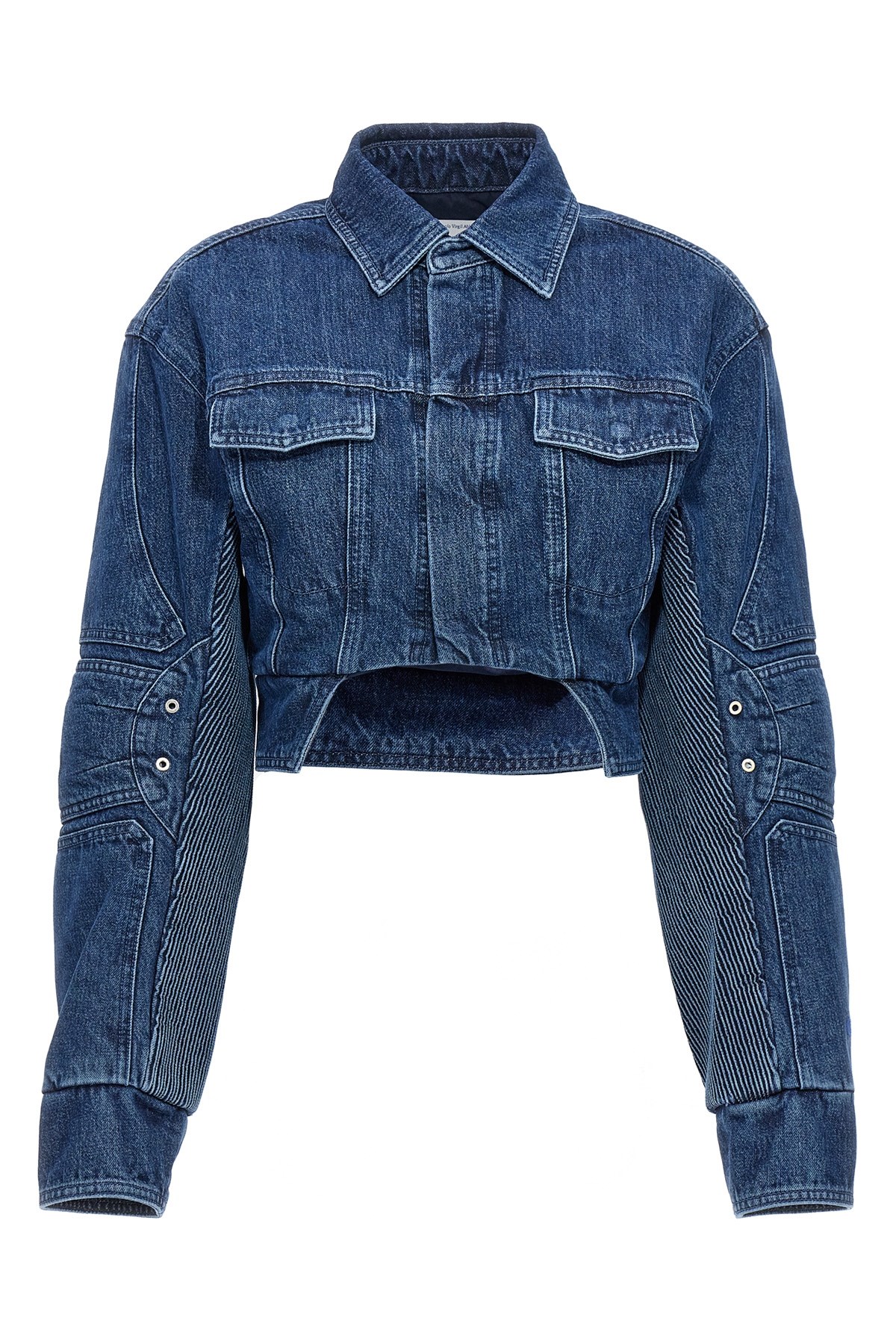 Off-white Cropped Denim Moto Jacket With Front Cutout