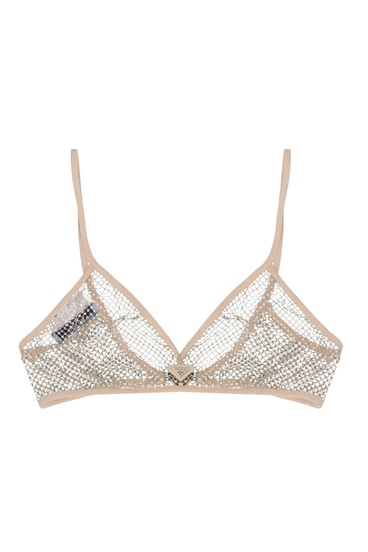 Prada Embroidered Rhinestone Mesh Bra Top In Neutral