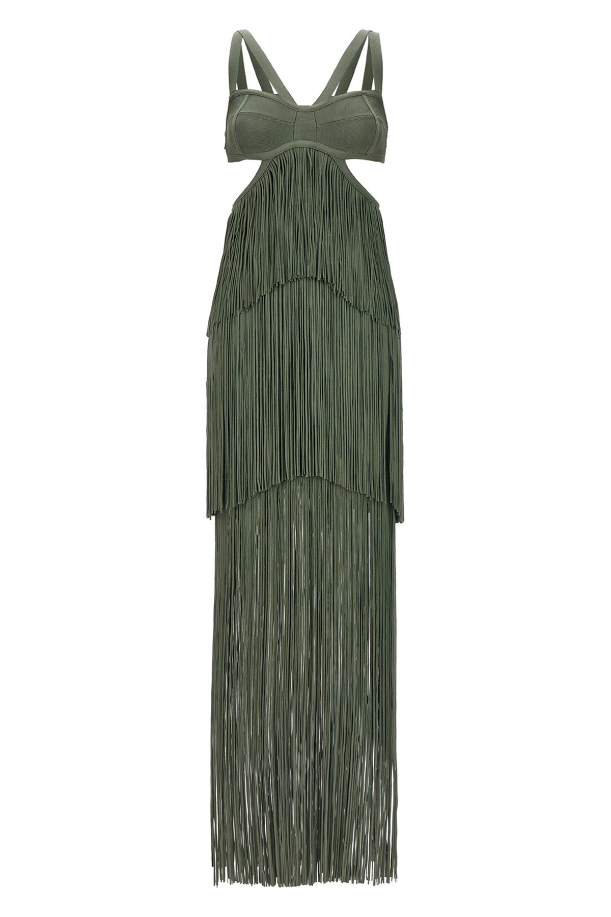 Herve Leger Strappy Tiered Fringe Gown