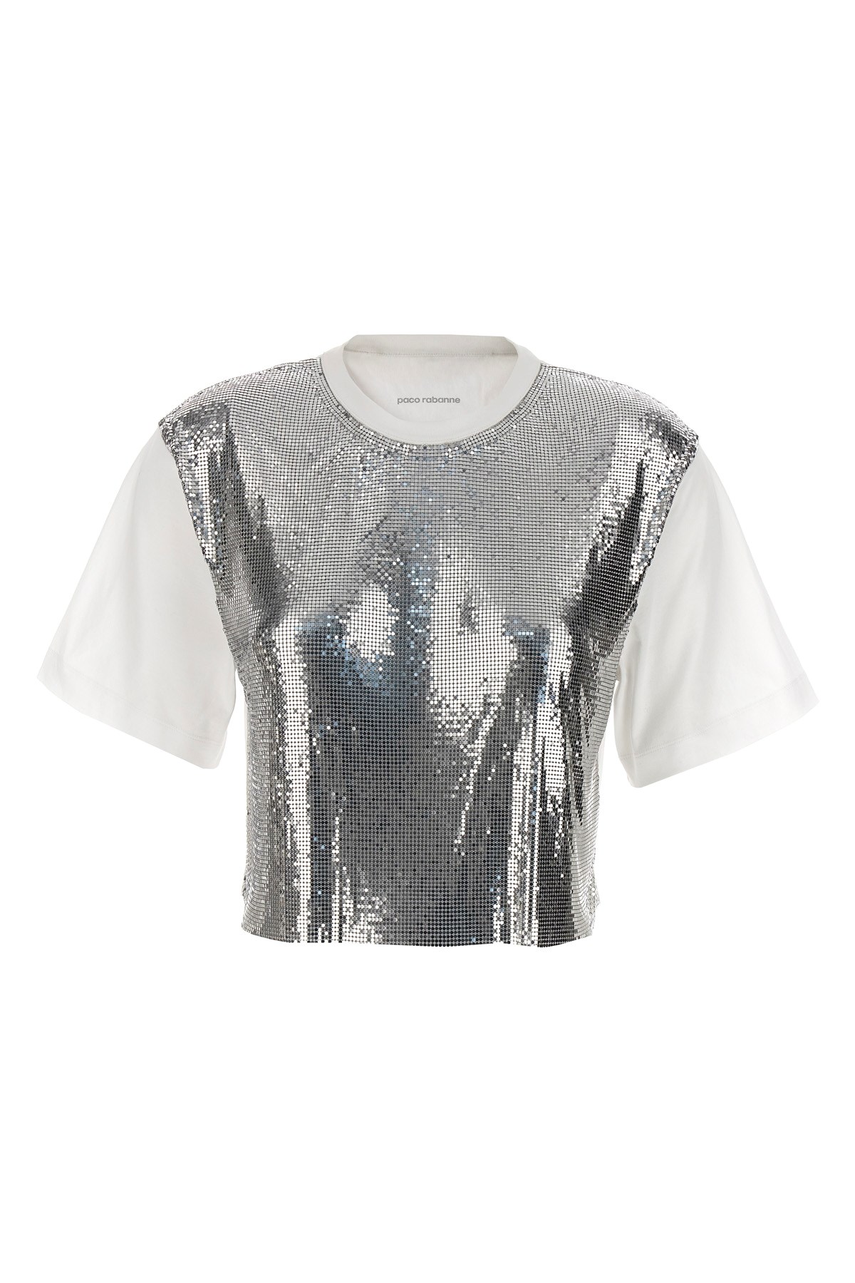 Rabanne Cropped Cotton-jersey And Chainmail T-shirt In Metallic