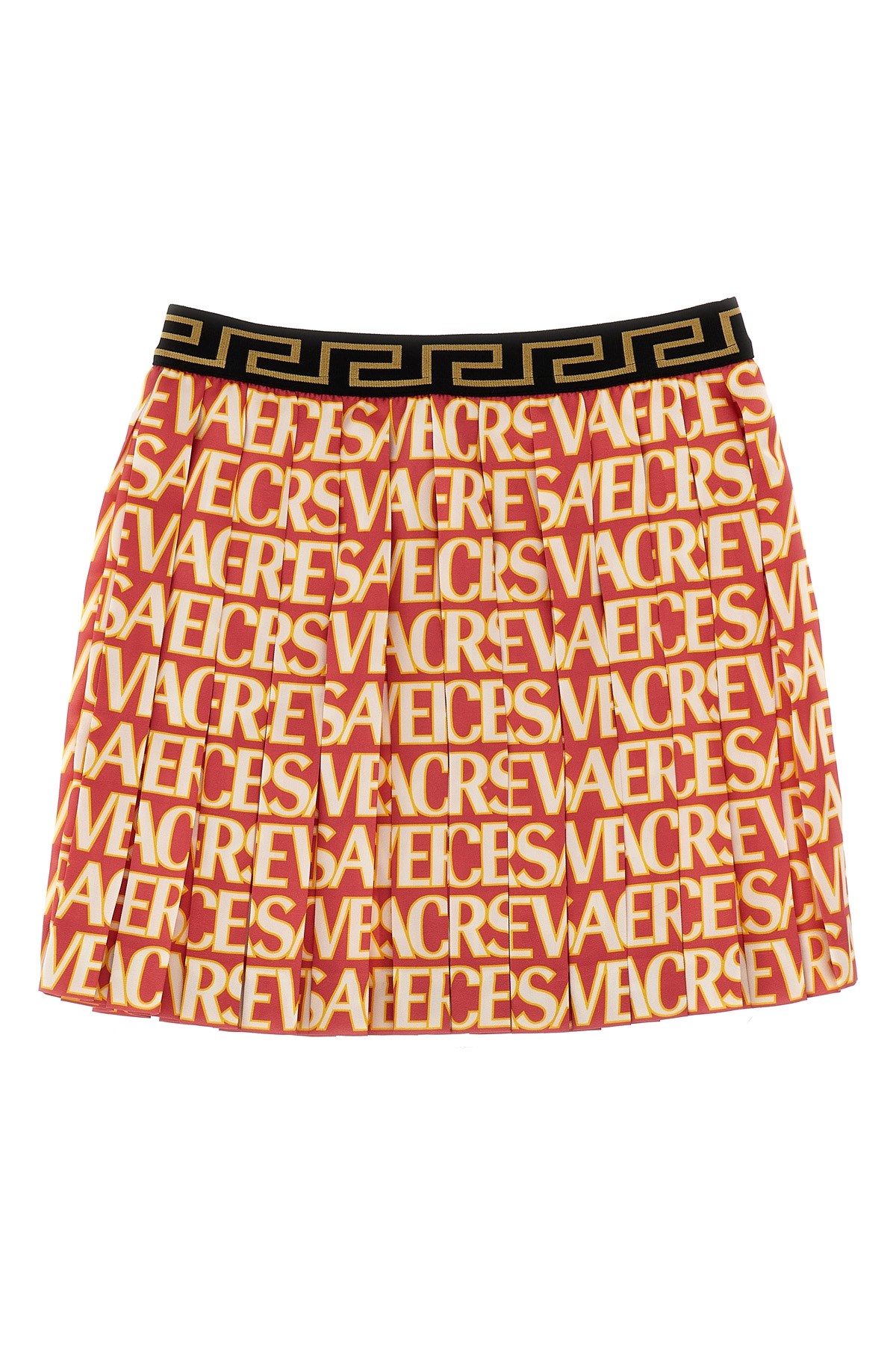 Versace Pleated Twill Skirt W/ Logo In Orange