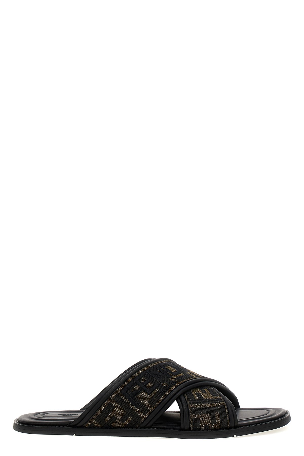 Fendi Double Crossed Band Logo Slides With Jacquard Ff Design In Black