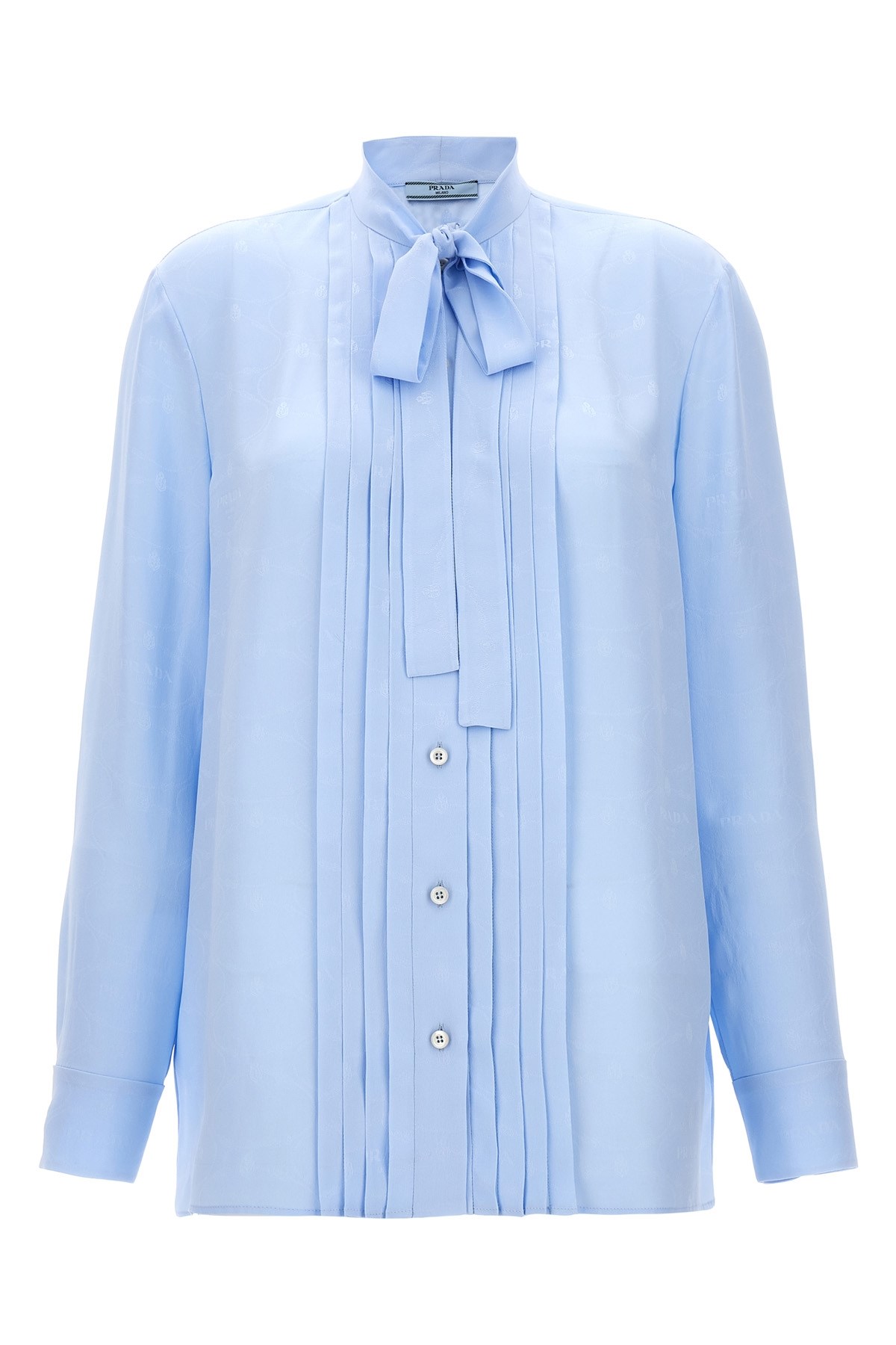 Prada Bow Tie Collar Shirt Pleated Front In Blue