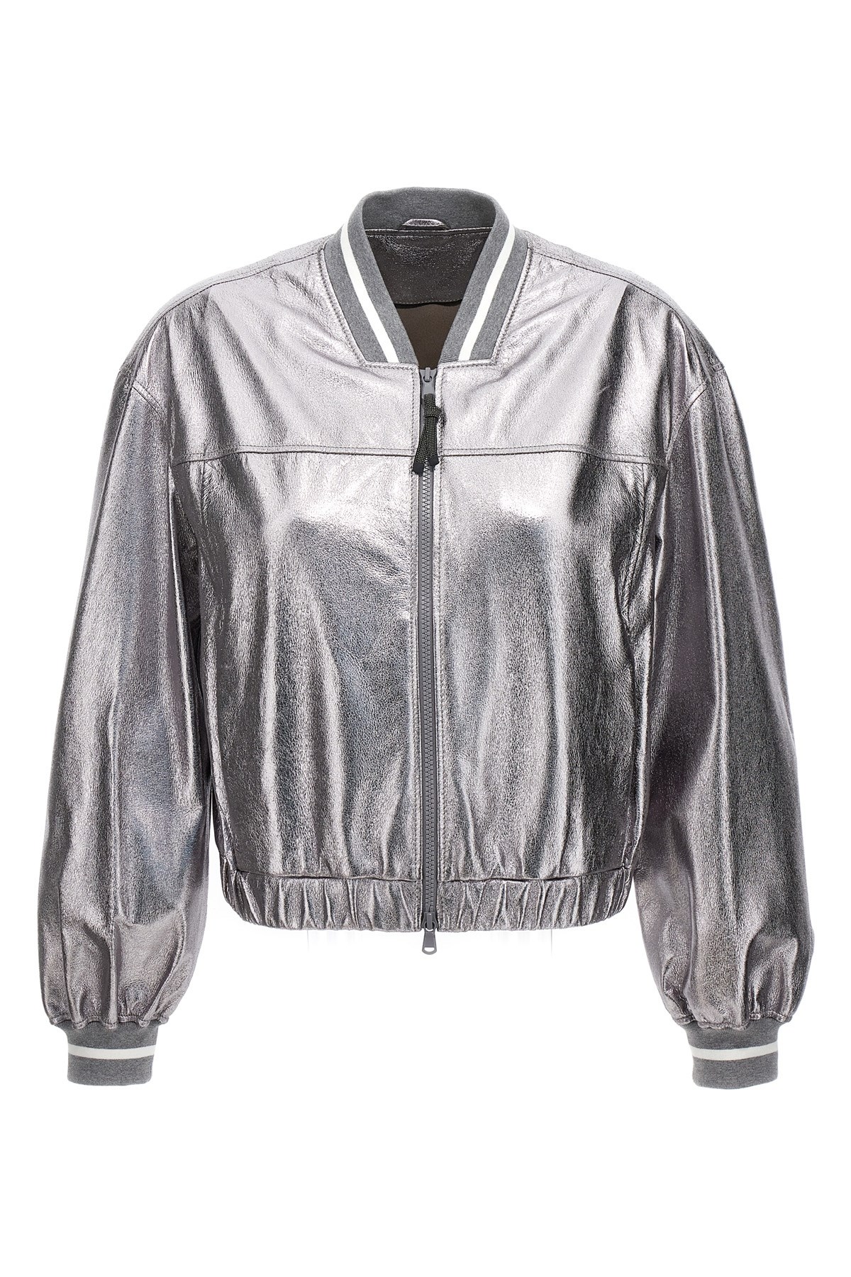 Brunello Cucinelli Laminated Leather Bomber Jacket In Silver