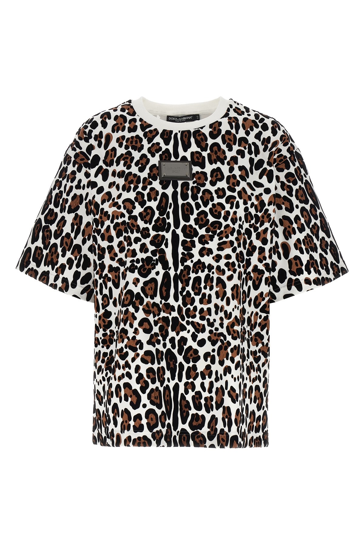 Dolce & Gabbana Crew Neck Flocked Cotton T-shirt With Animal Motif