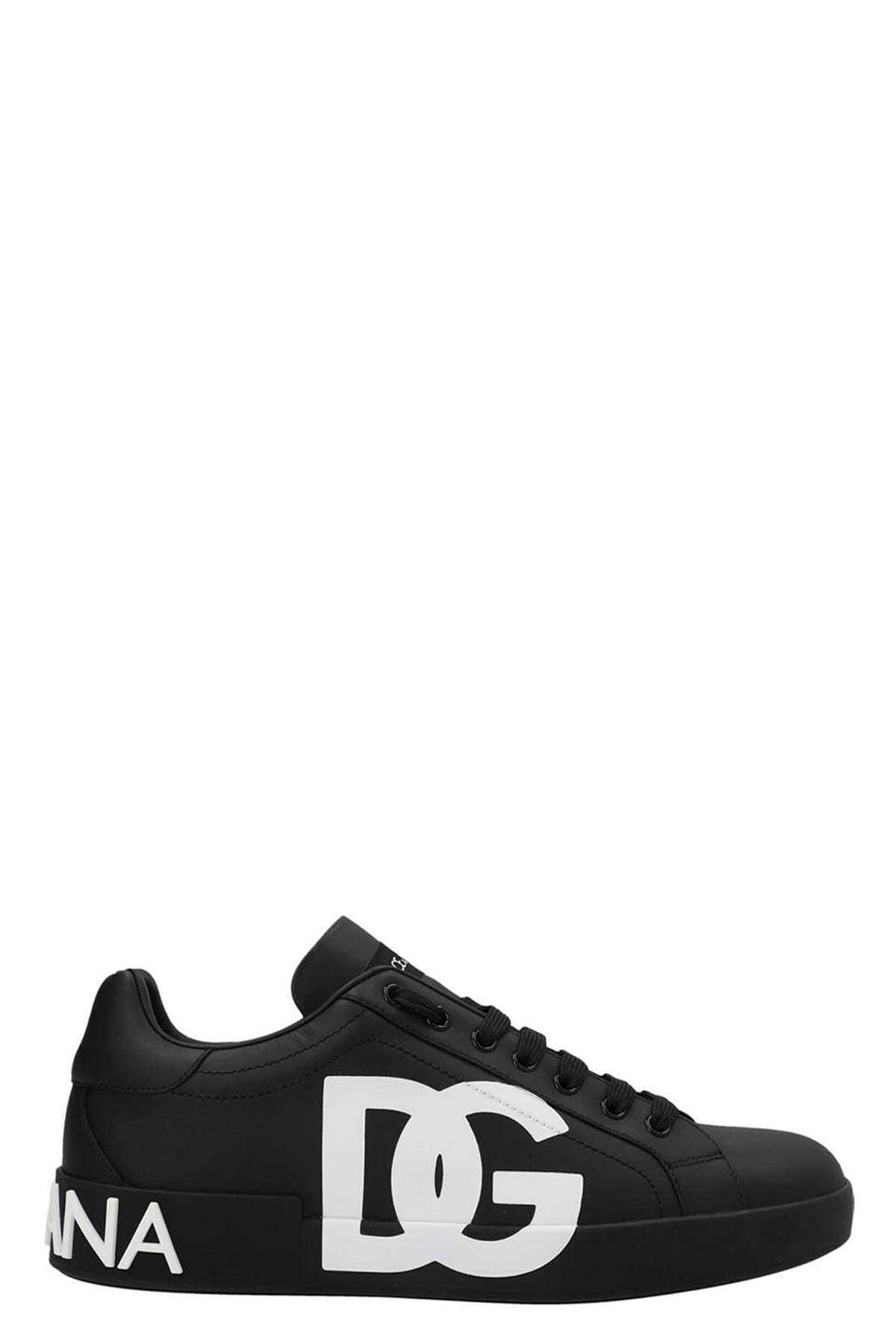 Dolce & Gabbana Portofino Sneakers In Black Calf Leather With White Logo