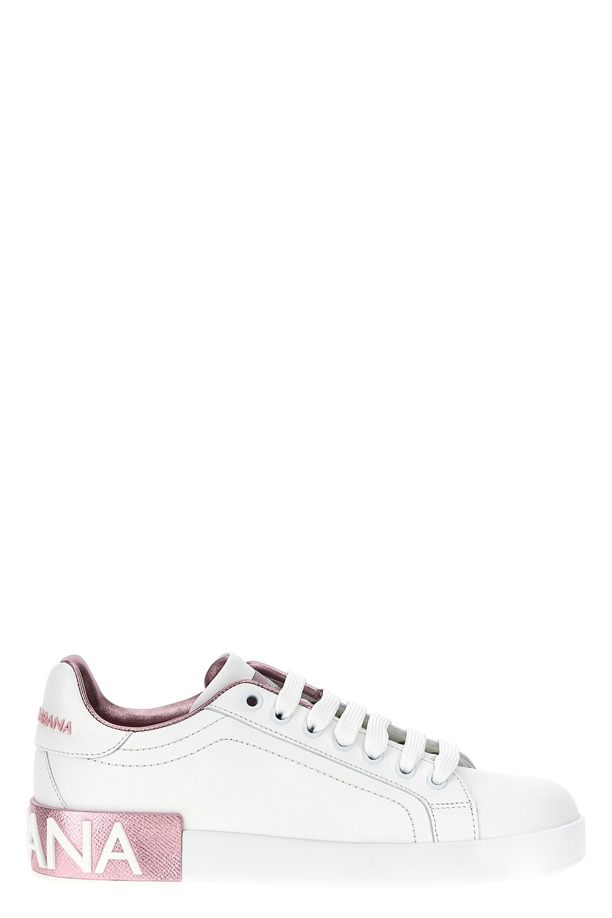 Dolce & Gabbana Portofino White And Pink Low Top Sneakers With Logo In Leather Woman