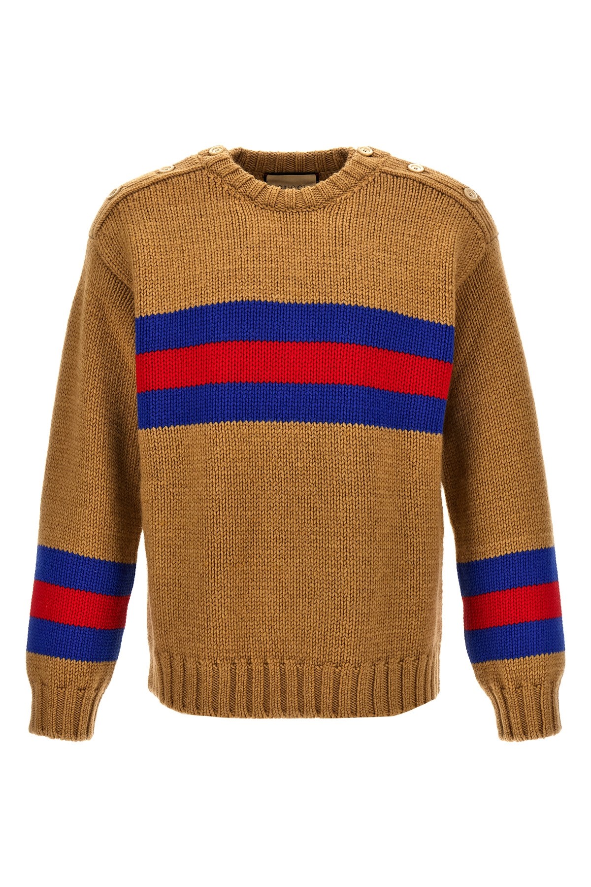 Gucci Camel Brown Crewneck Sweater With Web Intarsia In Wool And Mohair Man In Brown