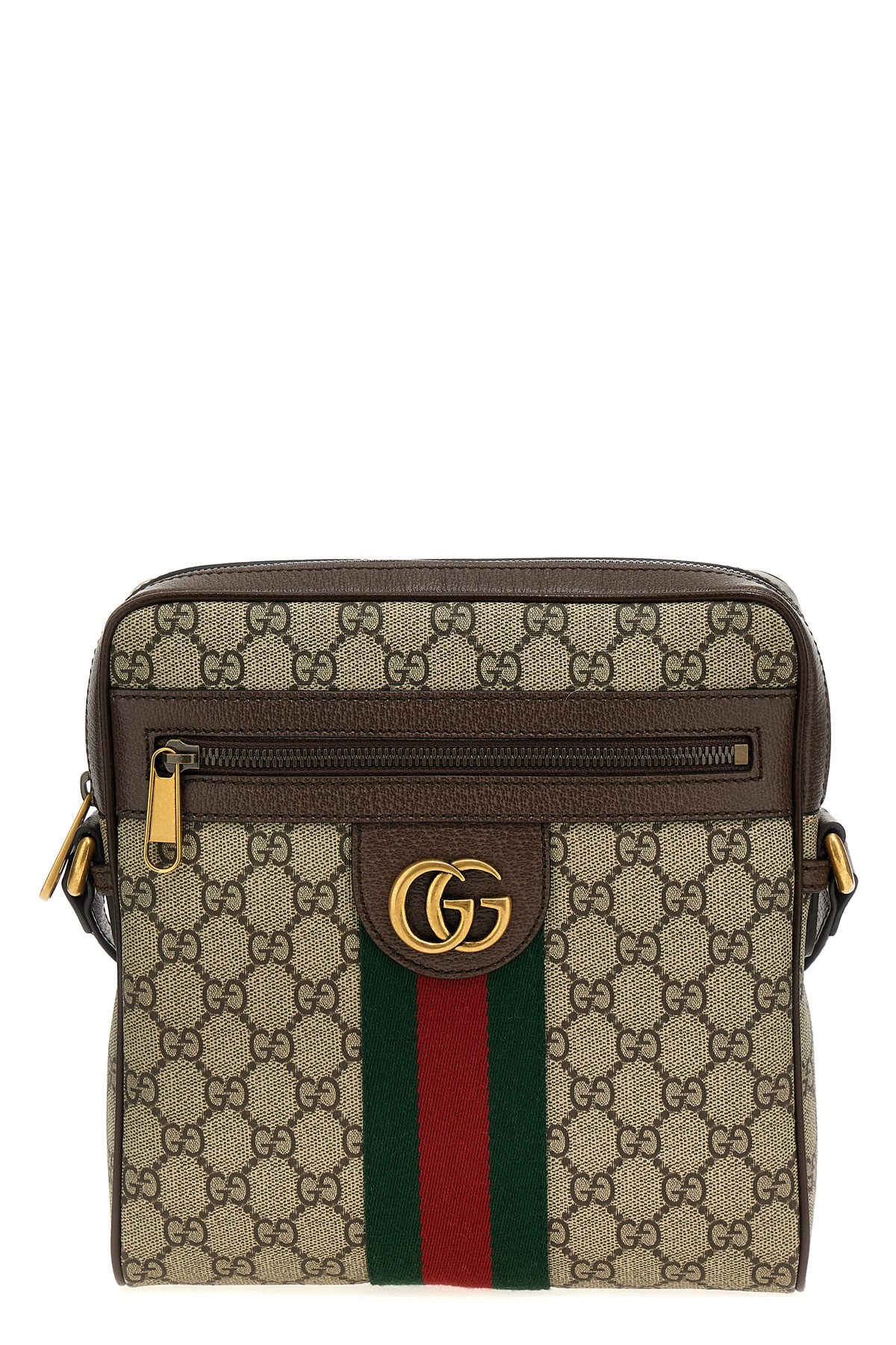 Gucci Men Gg Supreme Fabric And Leather Shoulder Bag With Iconic Web Band
