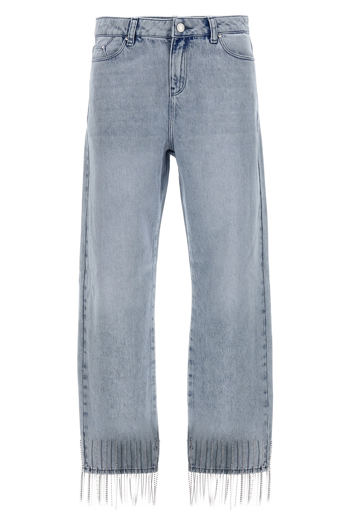 Karl Lagerfeld Crystal Embellished Fringed Denim With Pockets And Belt Loops