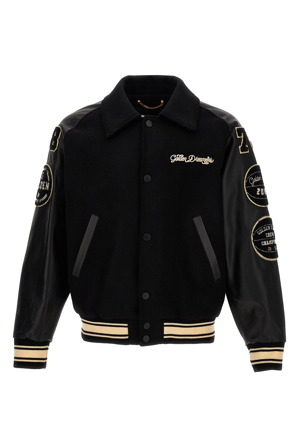 Golden Goose Black Bomber Jacket With Leather Inserts And Logo Patch In Wool Man In Black