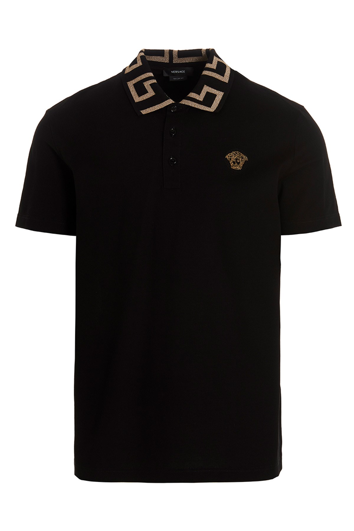Versace Geometric Patterned Black Polo Shirt With Classic Placket In Black