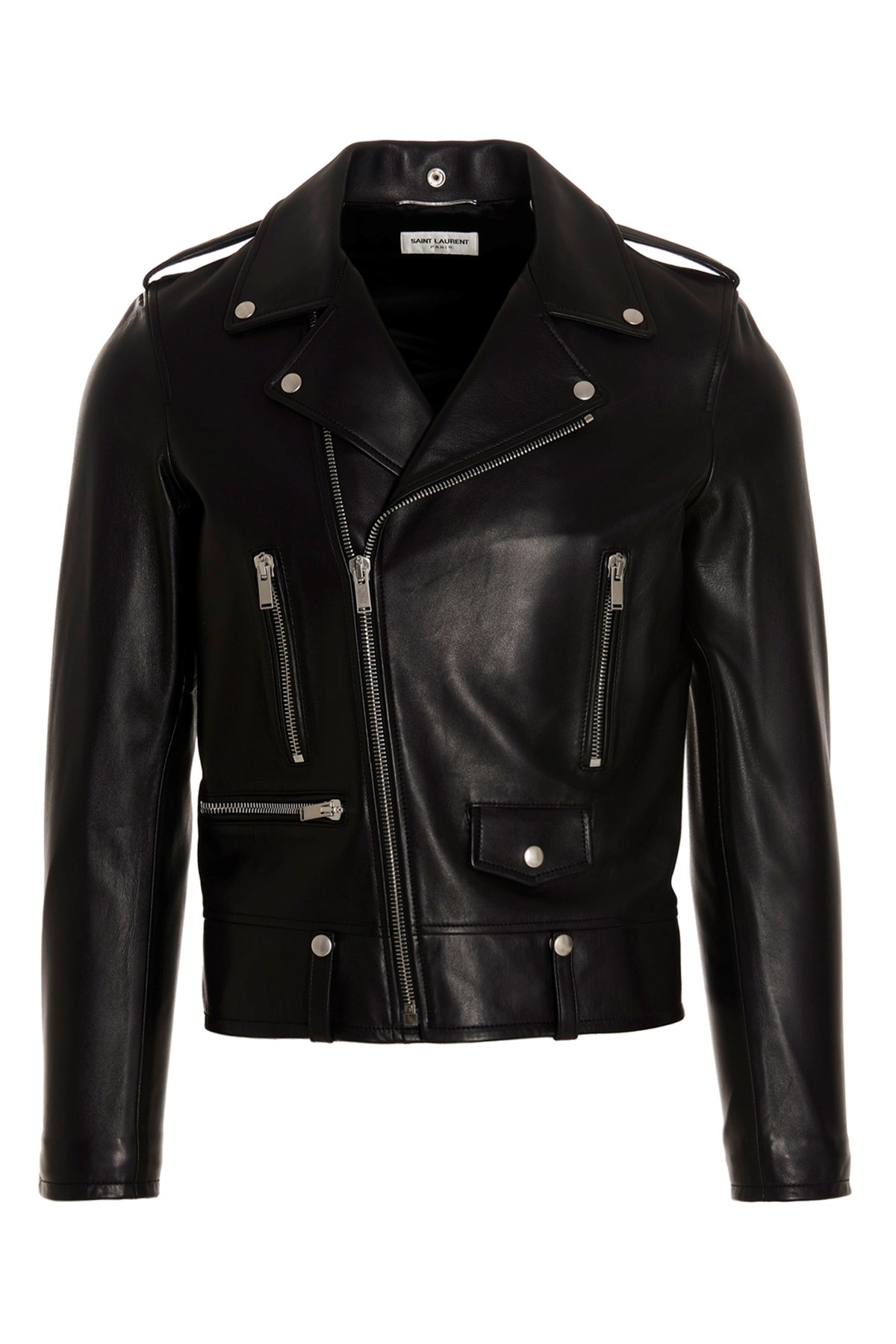 Saint Laurent Black Biker Jacket With Zipped Pockets In Smooth Leather Man