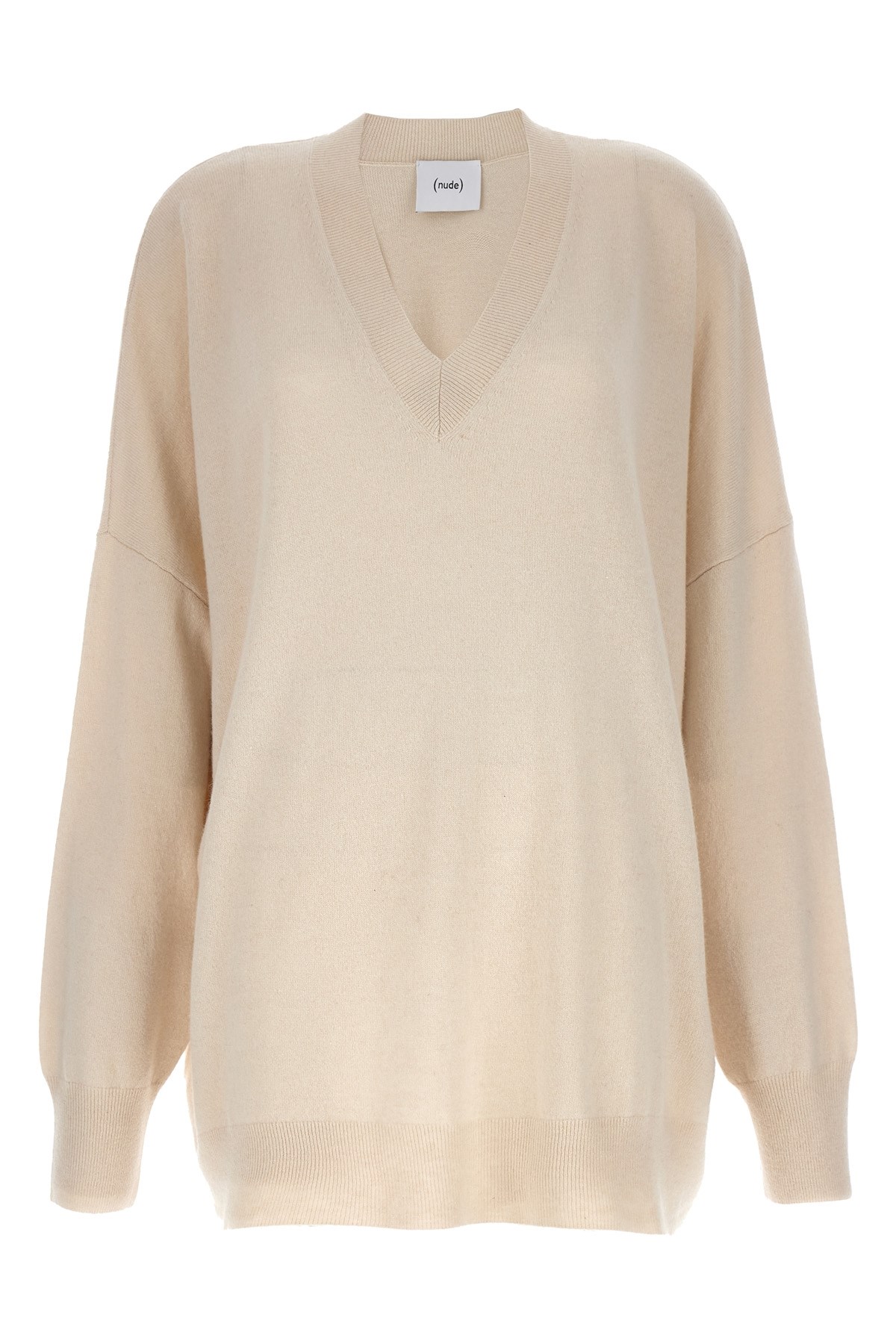 Nude Knit Sweater V Neckline Dropped Shoulders