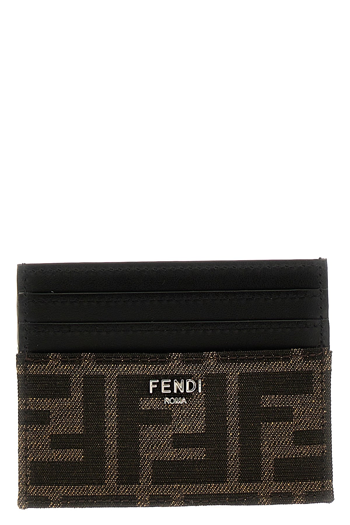 Fendi Brown Card-holder With Metal Lettering In Leather And Ff Canvas Man In Black
