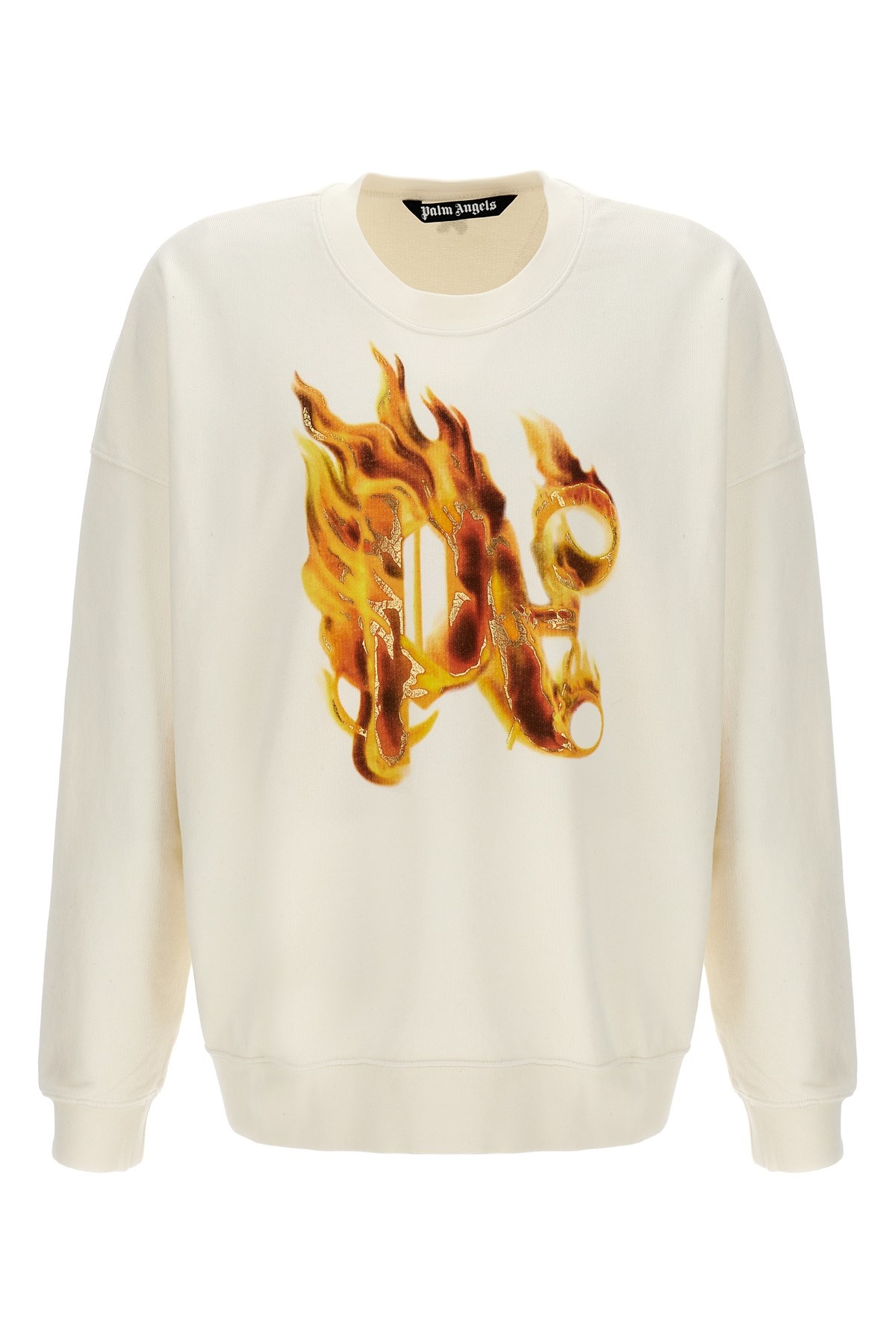 Palm Angels White Crewneck Sweatshirt With Burning Logo Print In Cotton Man