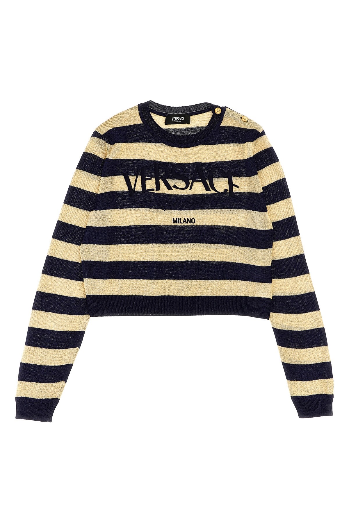 Versace Kids Lurex Striped Sweater With Logo Embroidery In Neutral