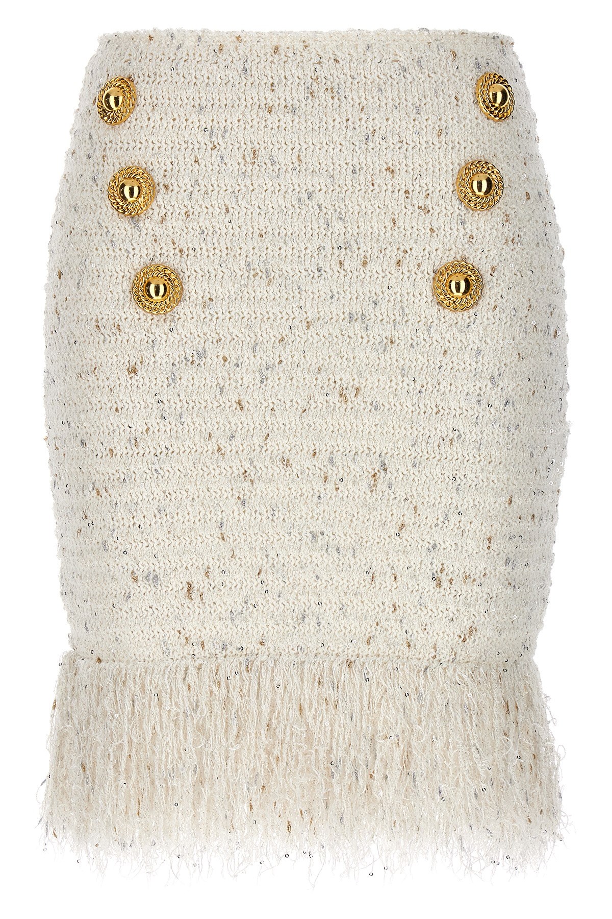 Balmain Tweed Skirt With Fringed Hem And Gold-tone Buttons