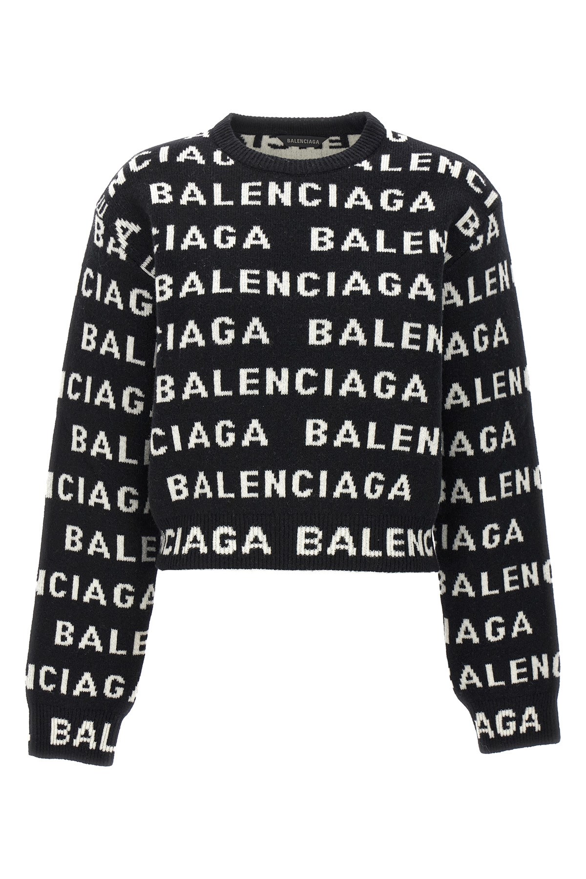 Balenciaga Women Allover Logo Wool Cropped Sweater In Black