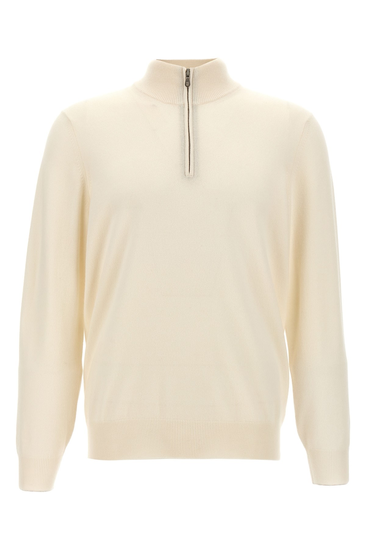 Brunello Cucinelli High-necked Cashmere Sweater With Zip Opening In White