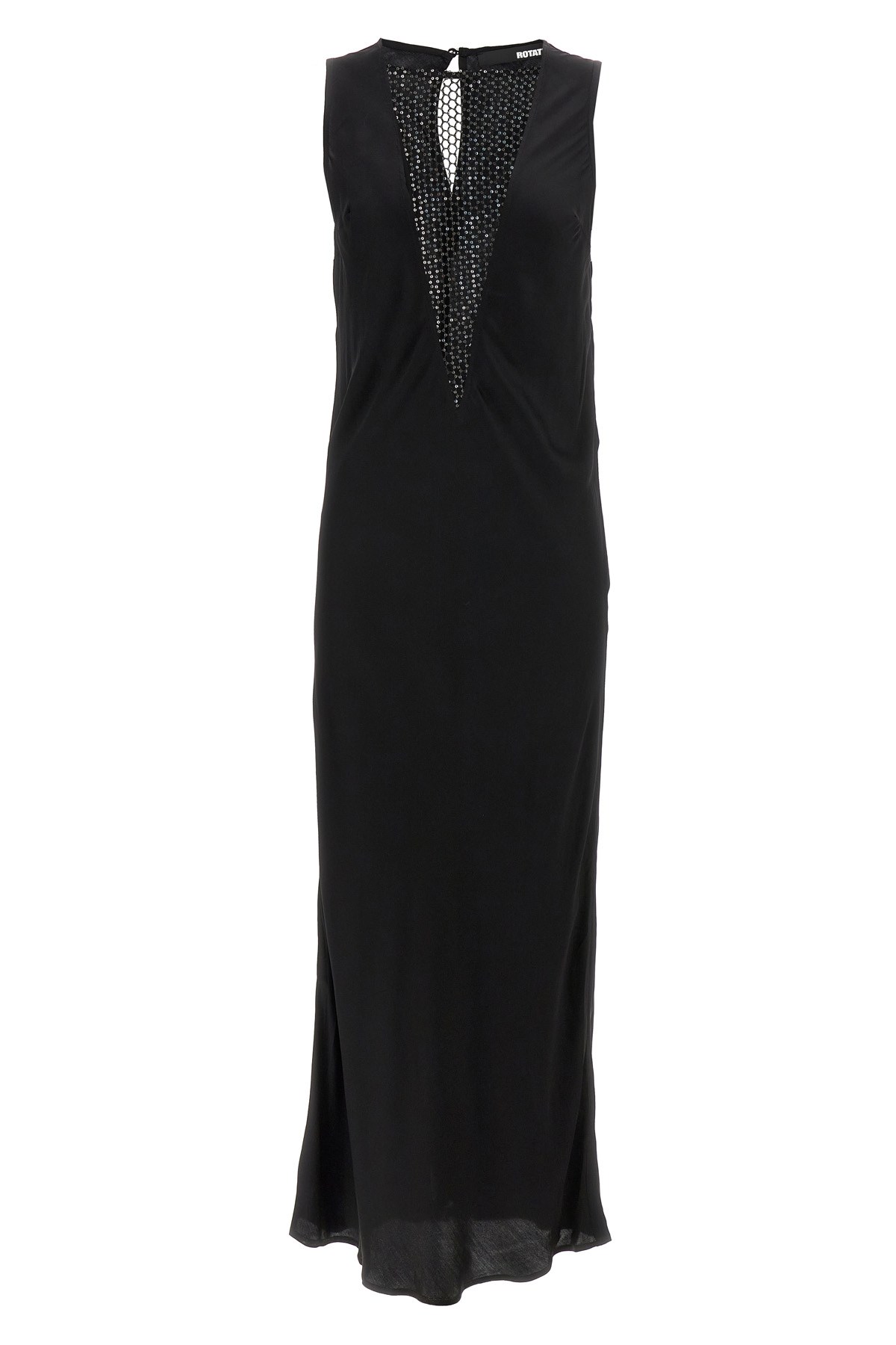 Rotate Birger Christensen Midi Black Dress With Plunging V Neck With Mesh Insert In Viscose Woman