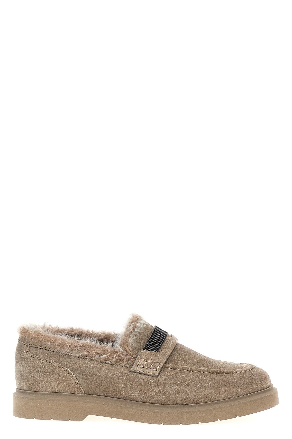 Brunello Cucinelli Suede Loafers With Monile Detail And Fur Lining In Neutral