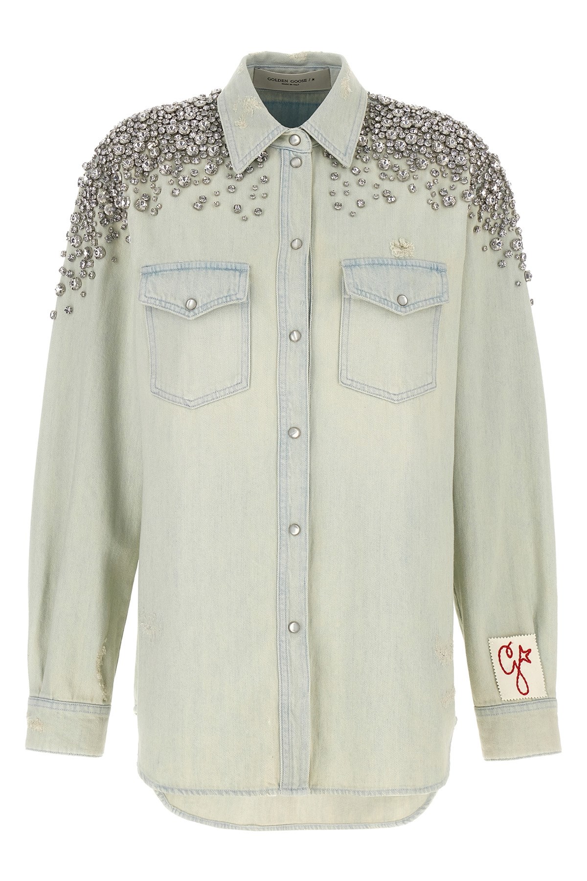 Golden Goose 'becca' Distressed Denim Shirt With Embellished Shoulders In Blue
