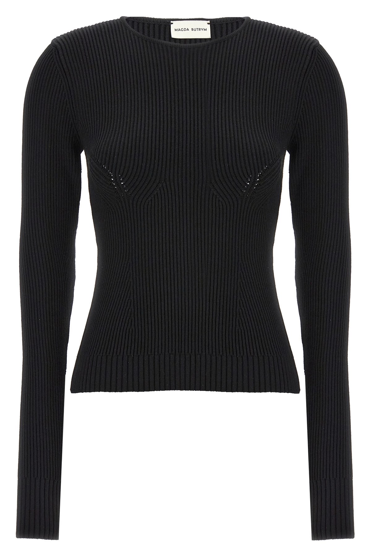 Magda Butrym Ribbed Viscose-blend Sweater With Sculptural Chest Detail In Black