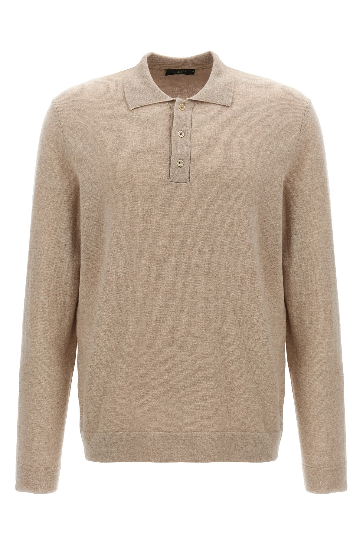 Zanone Cashmere Blend Long Sleeve Polo Shirt With Classic Collar In Sand