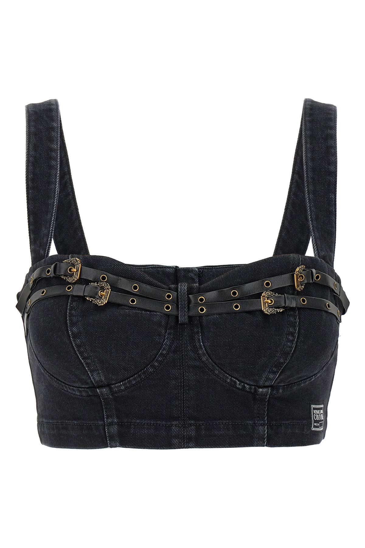 Versace Jeans Couture Black Baroque Buckle Denim Bustier