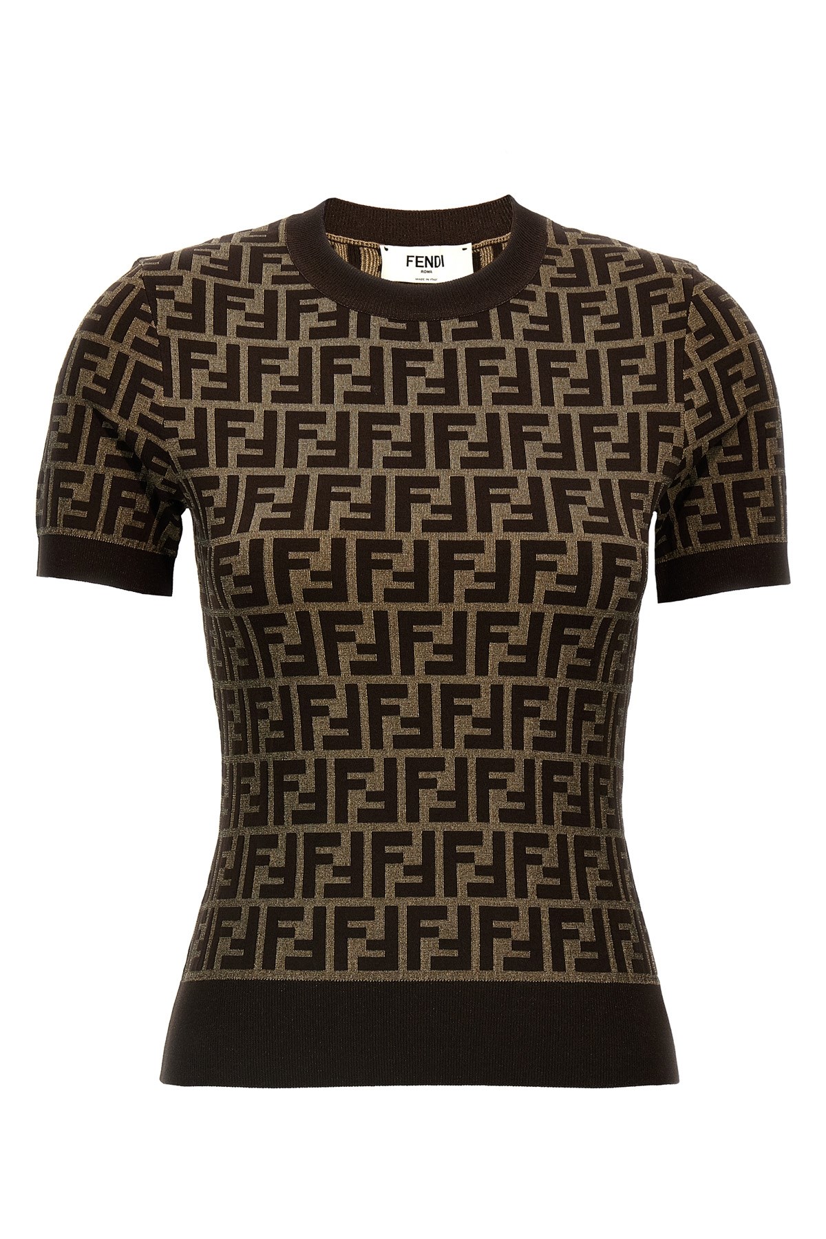 Fendi Women Brown T-shirt With Short Sleeves And All-over Ff Motiv In Cotton Woman In Black