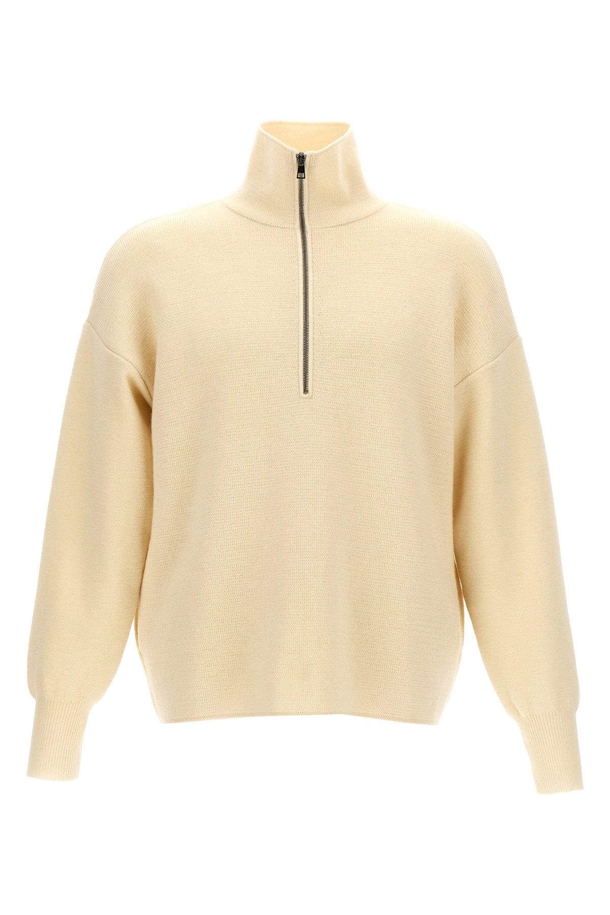 Ma'ry'ya Half Zip Wool Sweater With Cuffed Sleeves And Relaxed Fit In Neutral