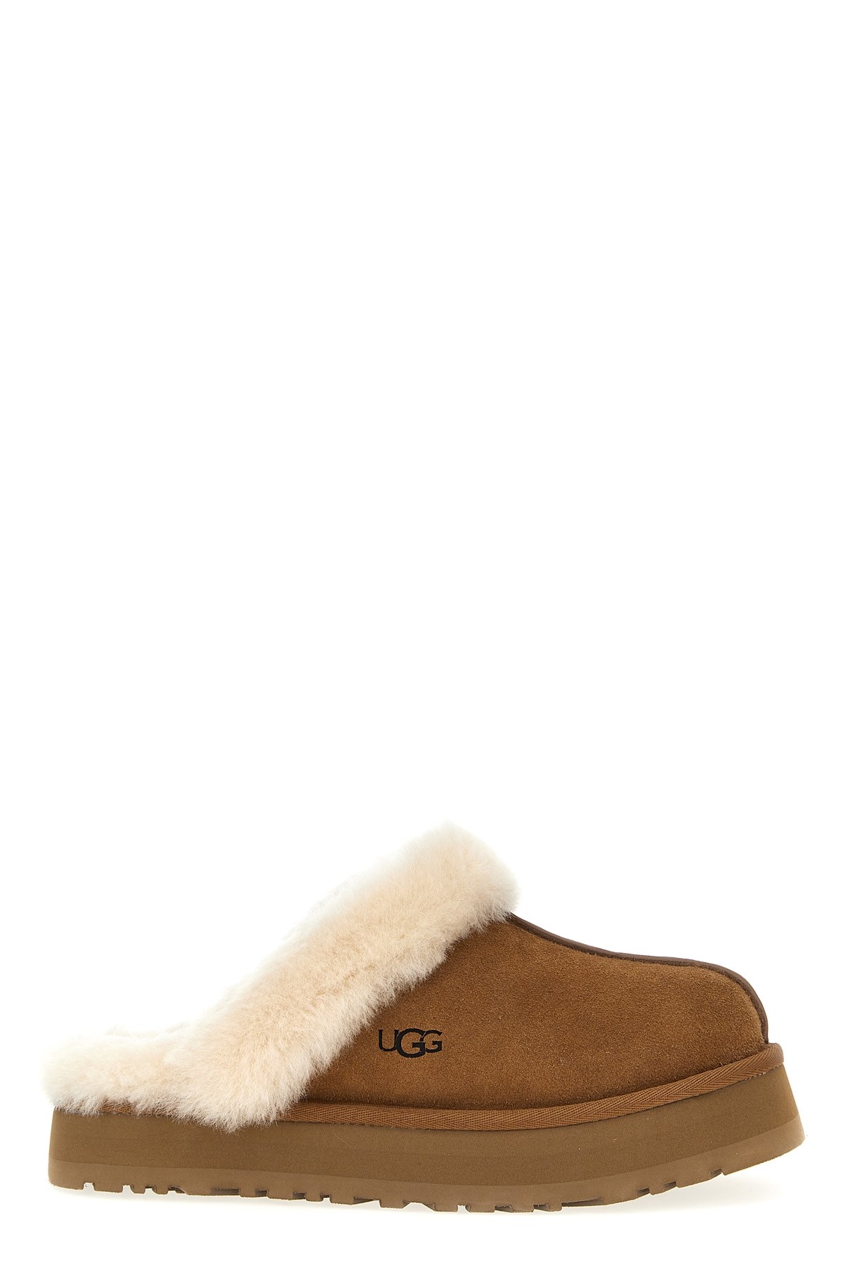 Ugg Platform Slippers With Plush Shearling Collar And Contrast Logo In Brown