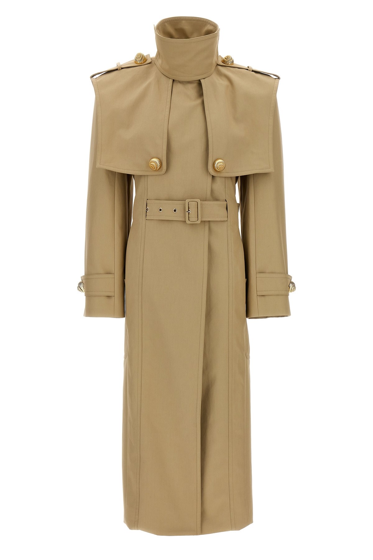 Balmain Embellished Belted Cotton-gabardine Trench Coat In Brown