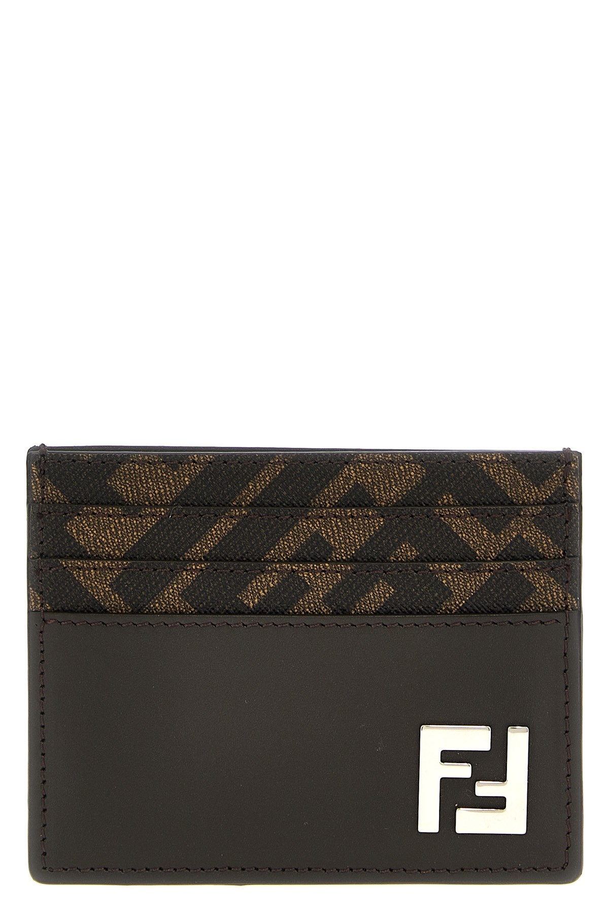 Fendi Brown Card-holder With Squared Ff Motif In Leather And Ff Canvas Man