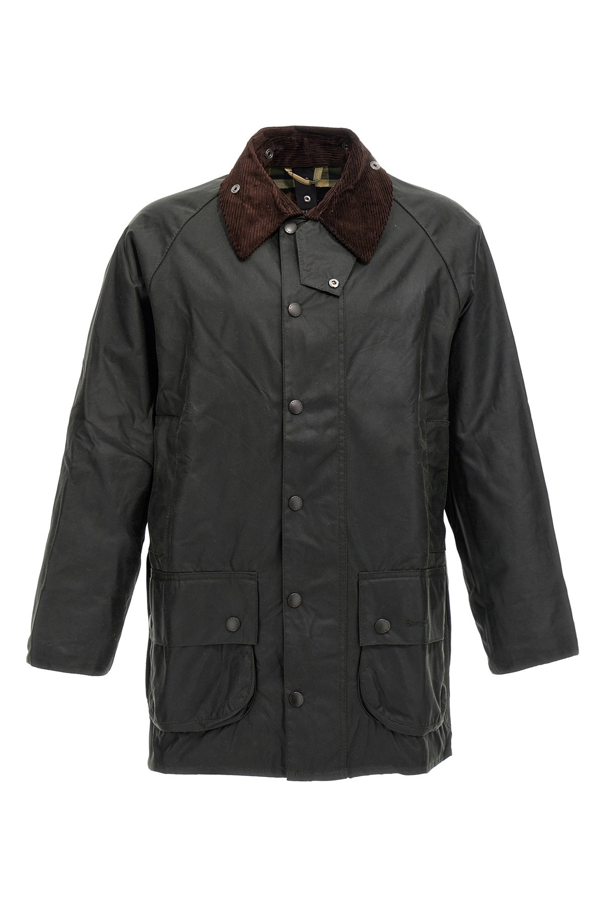Barbour Beaufort Waxed Cotton Jacket With Corduroy Collar And Multiple Pockets In Green
