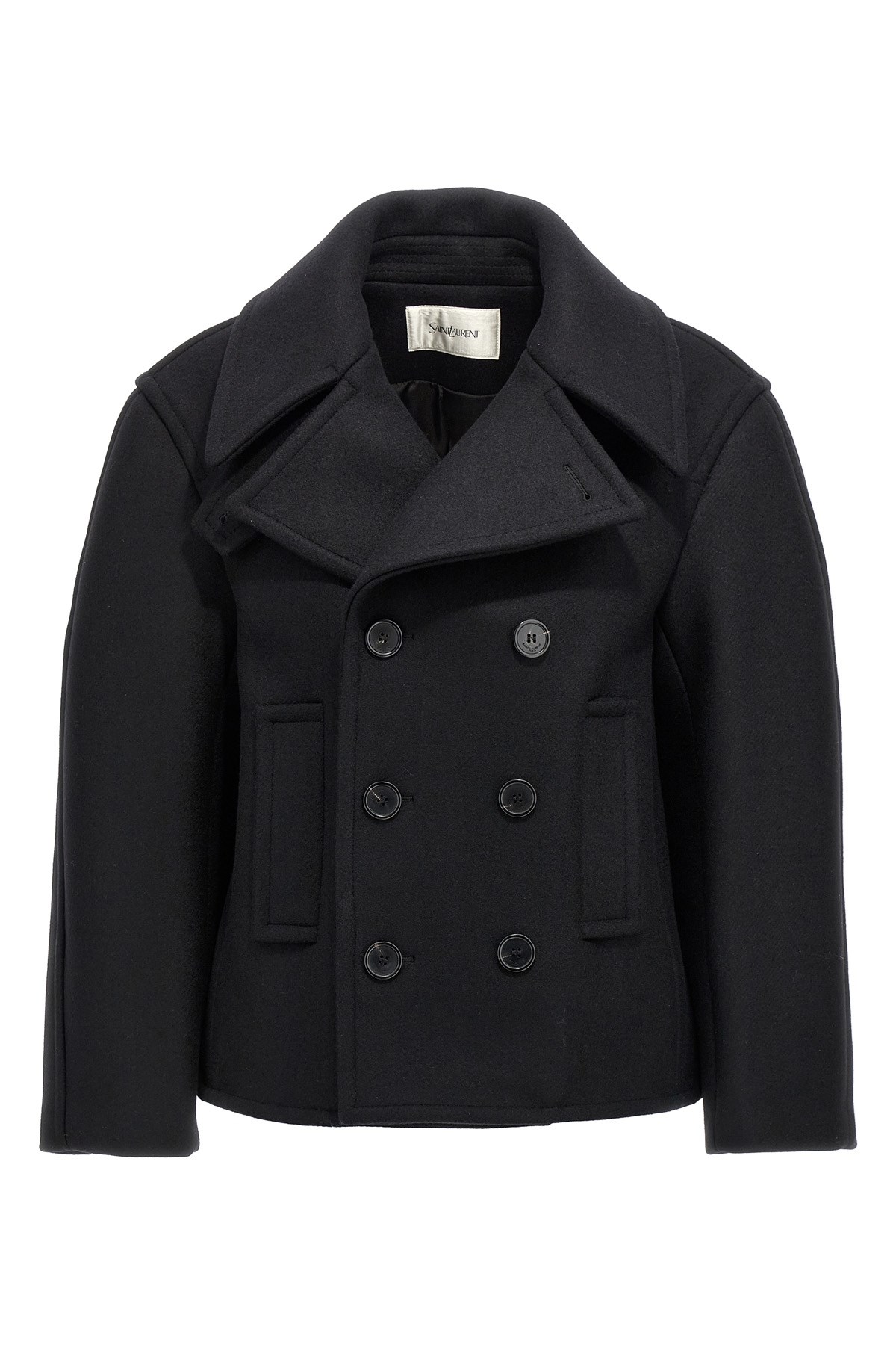 Saint Laurent Black Double-breasted Coat With Classic Wide Revers In Wool Woman