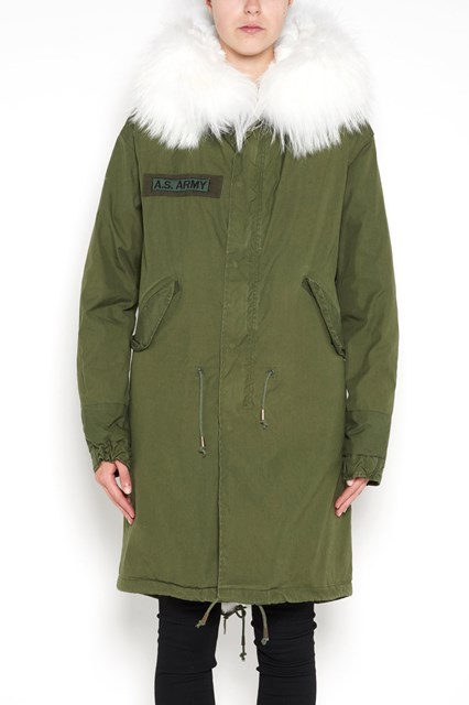 Long slim parka with 'phanter' embroidery on back and lined with white lapin