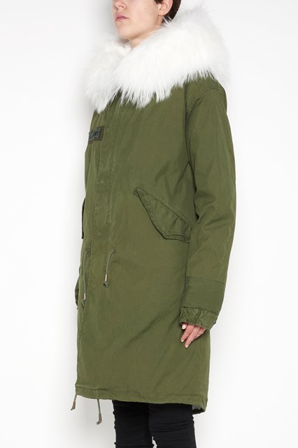 Long slim parka with 'phanter' embroidery on back and lined with white lapin