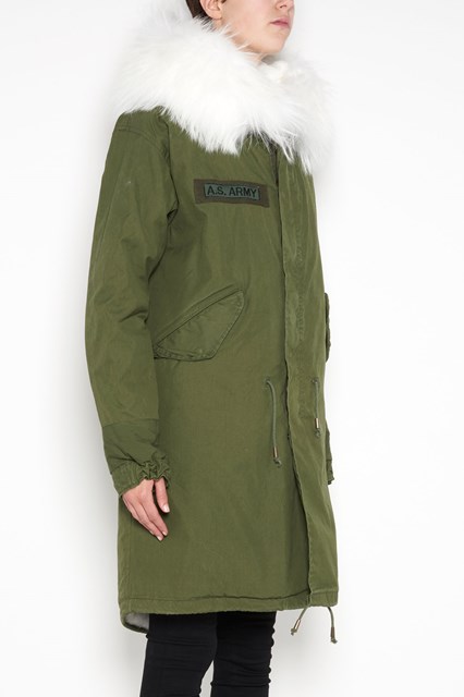 Long slim parka with 'phanter' embroidery on back and lined with white lapin