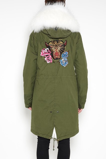 Long slim parka with 'phanter' embroidery on back and lined with white lapin