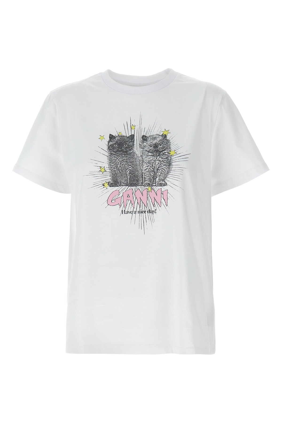 Ganni White Crewneck T-shirt With Logo Print On The Front In Cotton Woman