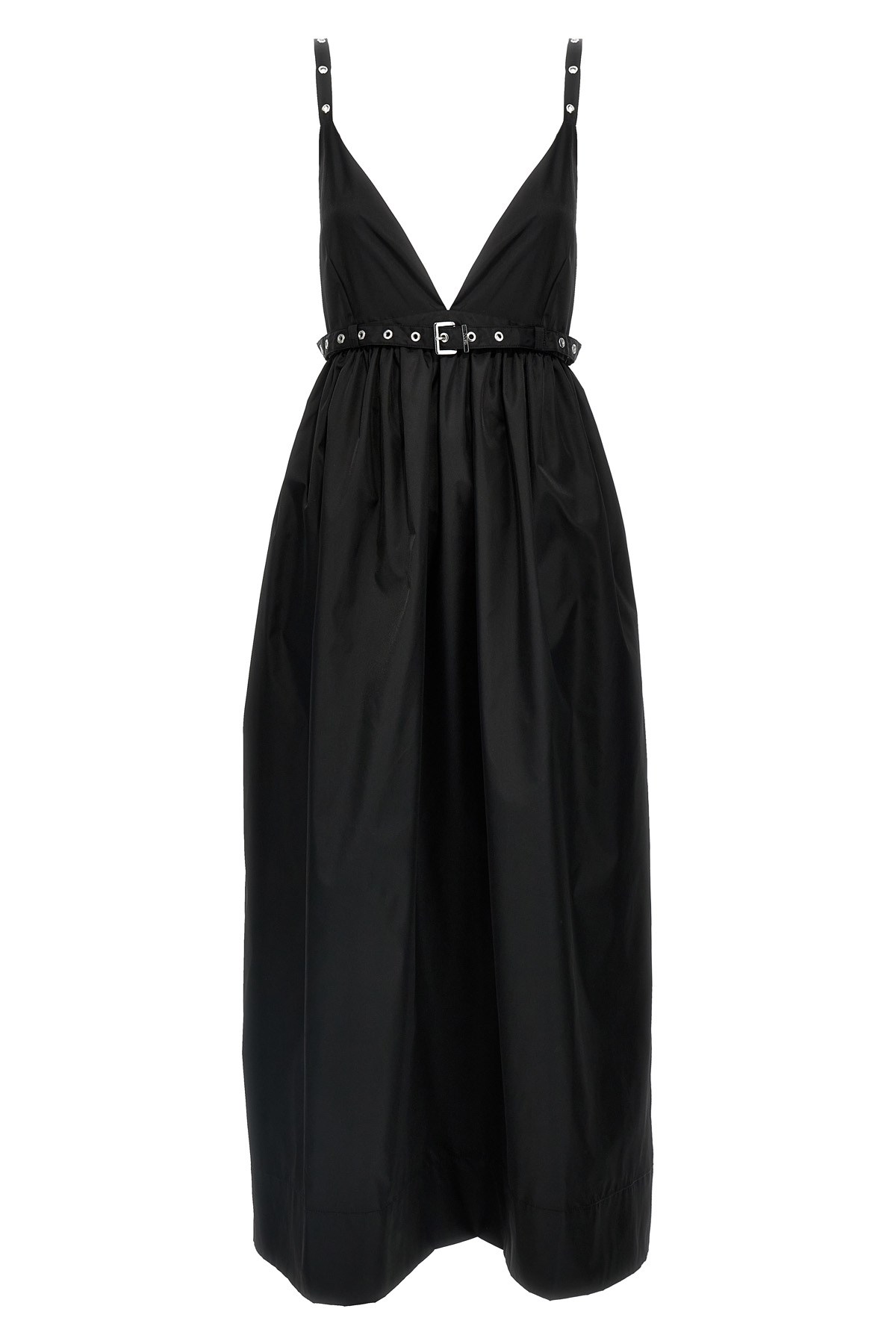 Ganni Black Long Dress With A V-neck Embellished With Studs In Black