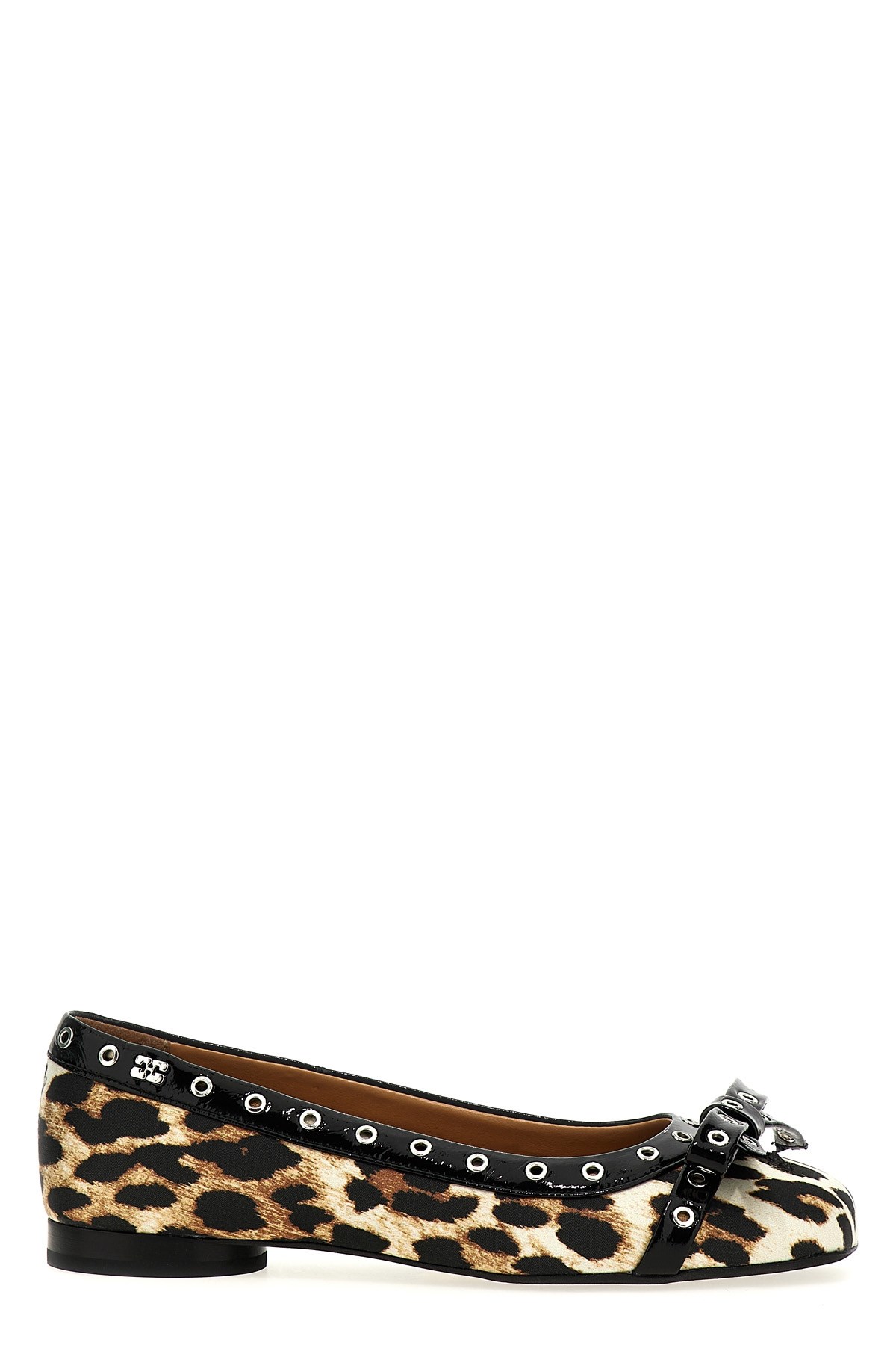 Ganni Eyelet Bow Leopard-print Satin Ballet Flats