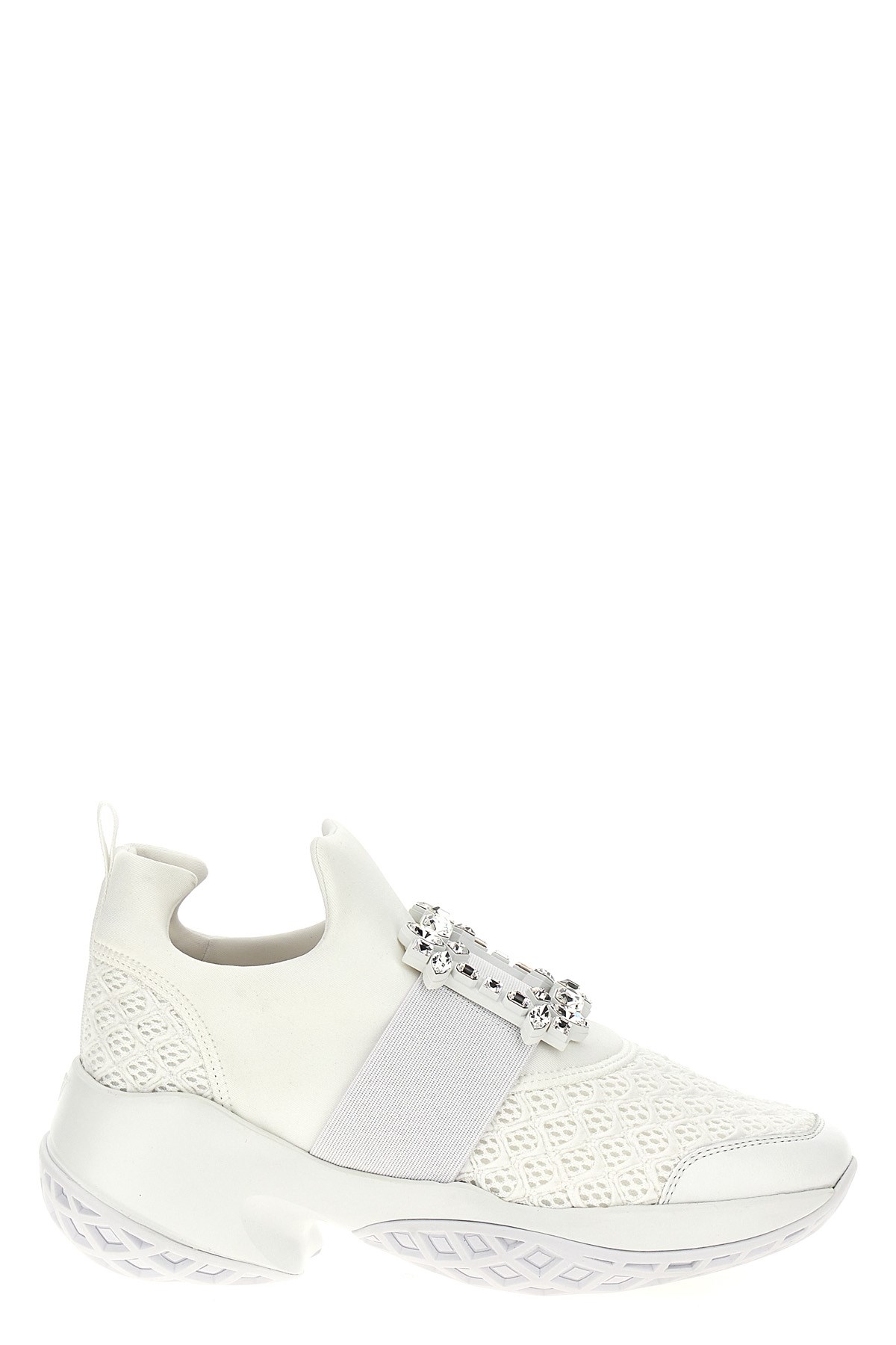 Roger Vivier Viv' Run White Trainers In Technical Fabric With Rhinestone Buckle In Bianco