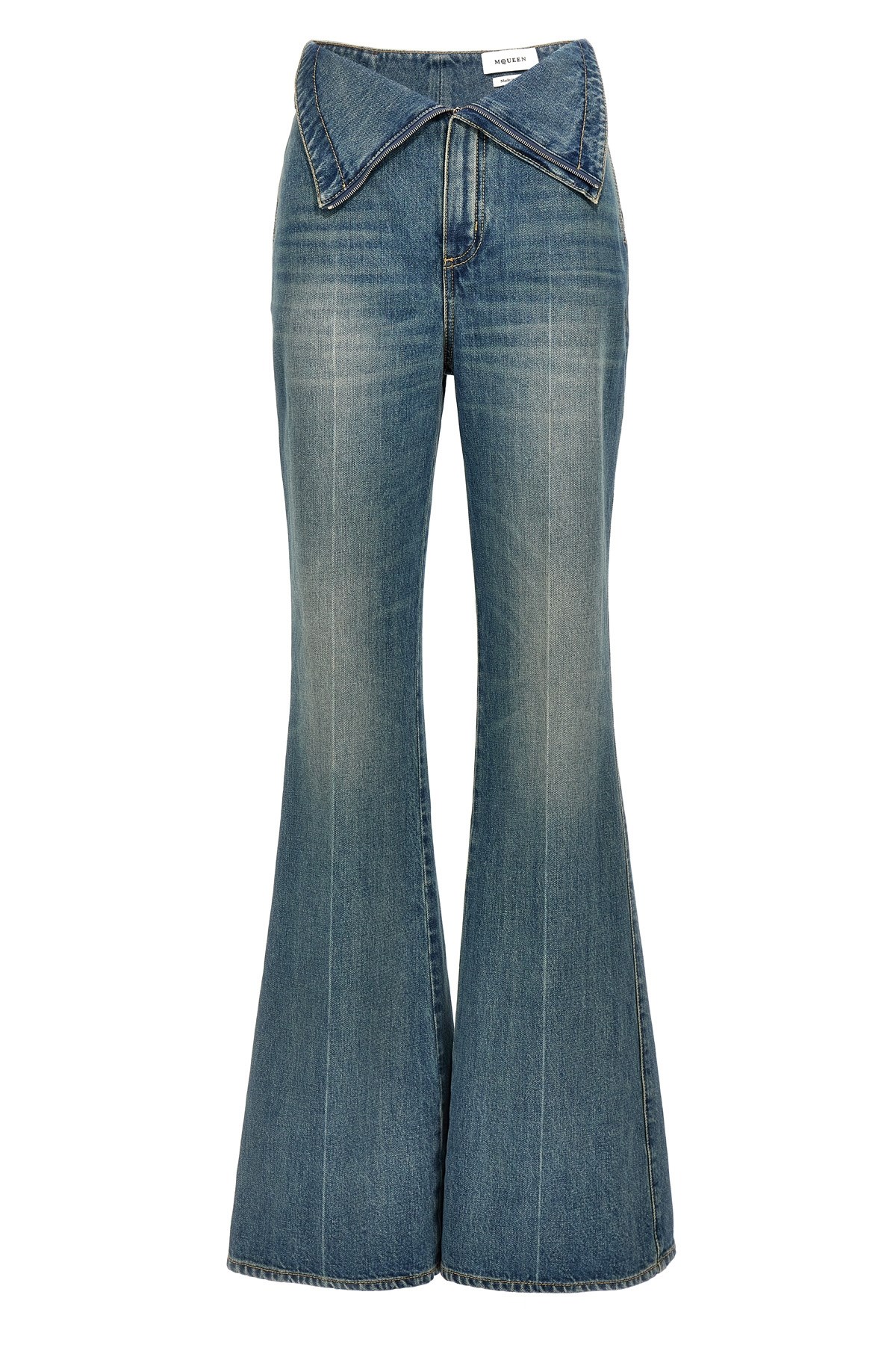 Alexander Mcqueen Blue Flared Jeans With Foldover Waist And Logo Patch On The Rear In Denim Womanaa In Blue